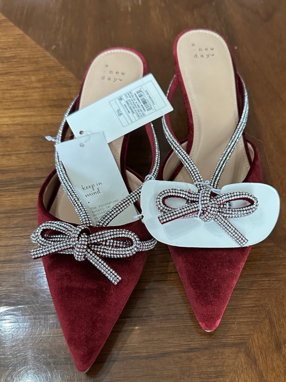 a new day Wine Red Velvet Pointed Toe Slingback Mules with Crystal Bow
